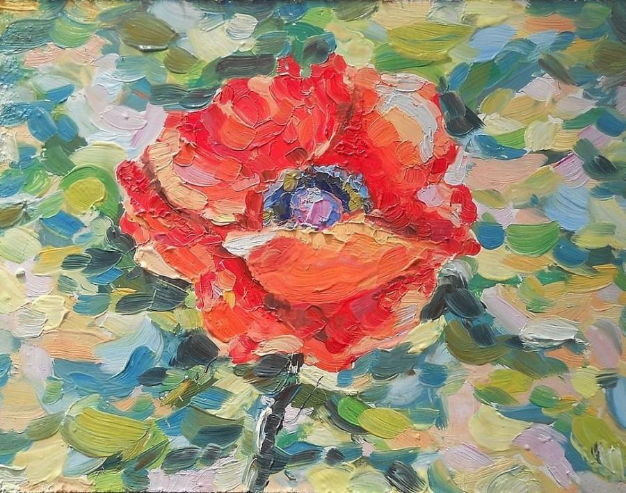 Mariage - Poppy under Sun on Field Turquoise Red Oil Painting Flower Meadow Antique Botanical Chart Large wall Decor eye catching Study Floral Art