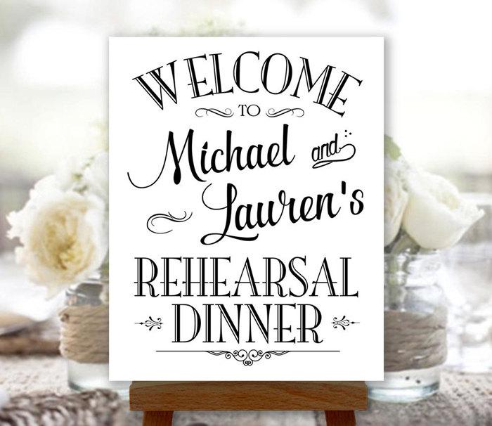 Hochzeit - Rehearsal Dinner Sign Welcome Black and White Printable Personalized with Names (#REH1B)