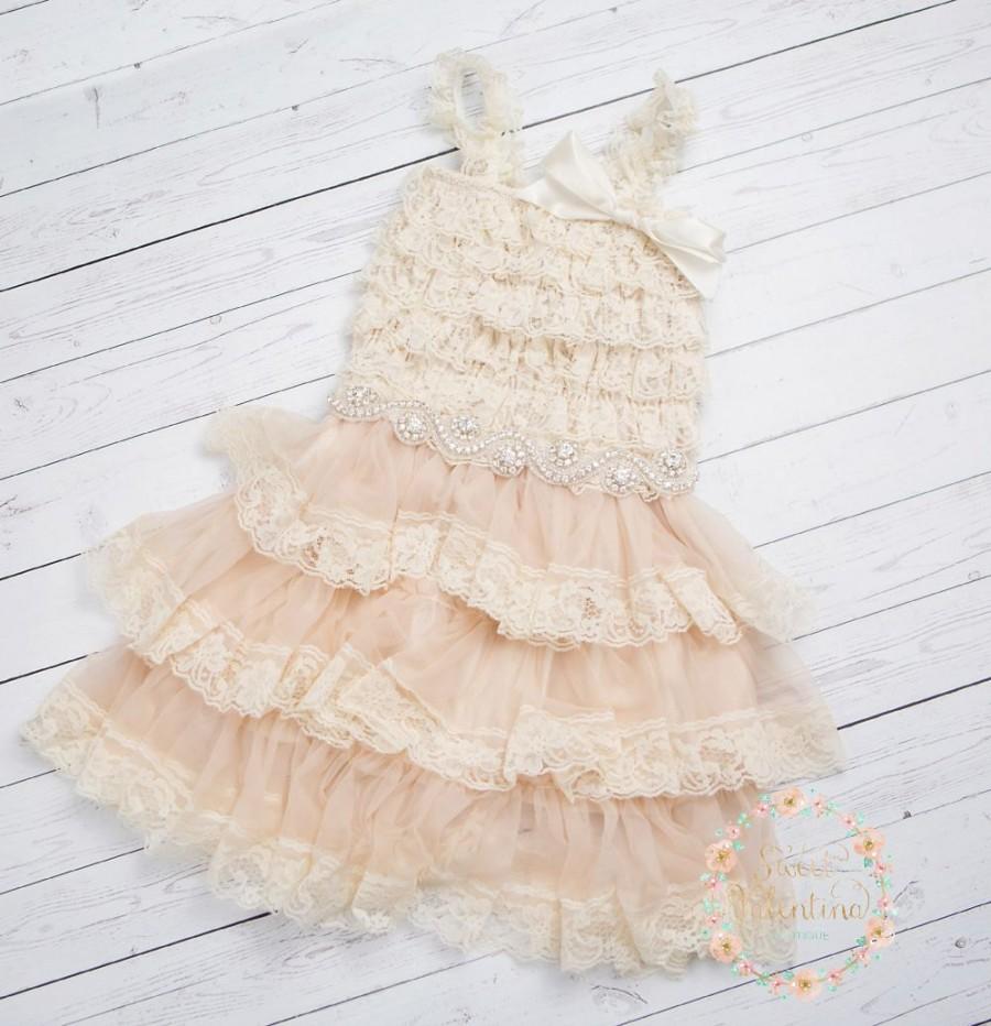 Mariage - Ivory lace flower girl dress, rustic flower girl,country lace flower girl dress, Ivory lace dress, junior bridemaids, flower girl dresses.