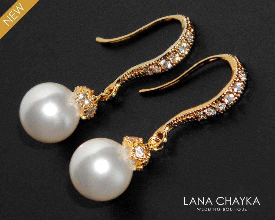 Mariage - White Pearl Bridal Earrings Pearl Drop Vermeil Gold Cz Earrings Swarovski 8mm White Pearl Earrings Small Pearl Earrings Weddings Bridesmaids - $24.90 USD