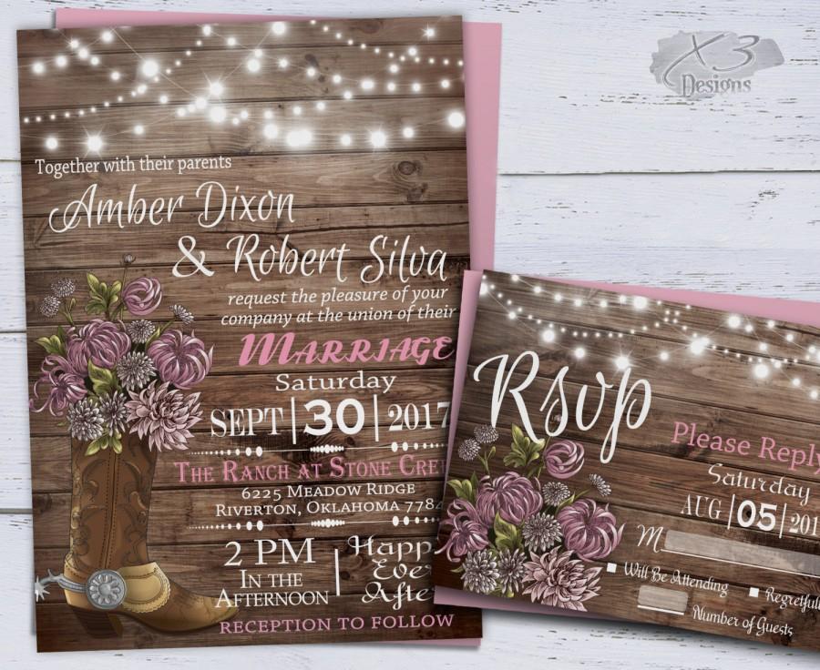 Wedding - Country Western Wedding Invitations, Printable Rustic Wedding, Spring Floral Wedding, Cowboy Boot, String Lights, Barn Wedding Invite, Pink - $39.00 USD