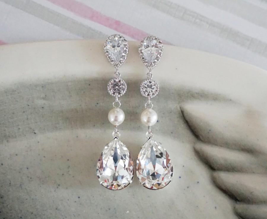 Hochzeit - Catherine - Swarovski Crystal Teardrop Earrings, Bridal Wedding Bridesmaid Earrings, Cubic Zirconia Pearl Earrings, White weddings jewelry
