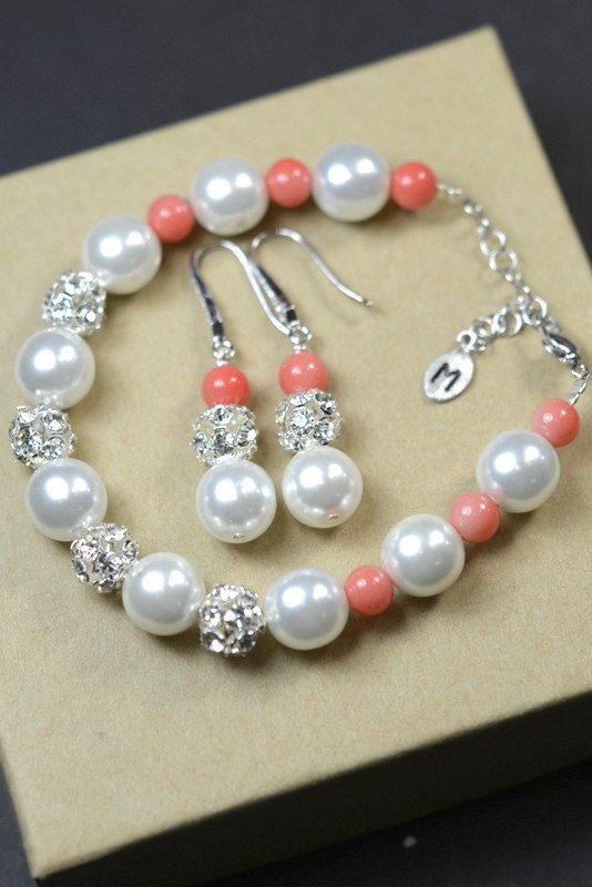 زفاف - Pink coral-Wedding Jewelry Bridesmaid Gift Bridesmaid Jewelry Bridal Jewelry coral  white/ ivory Pearl Drop Earrings Cubic Zirconia Earrings