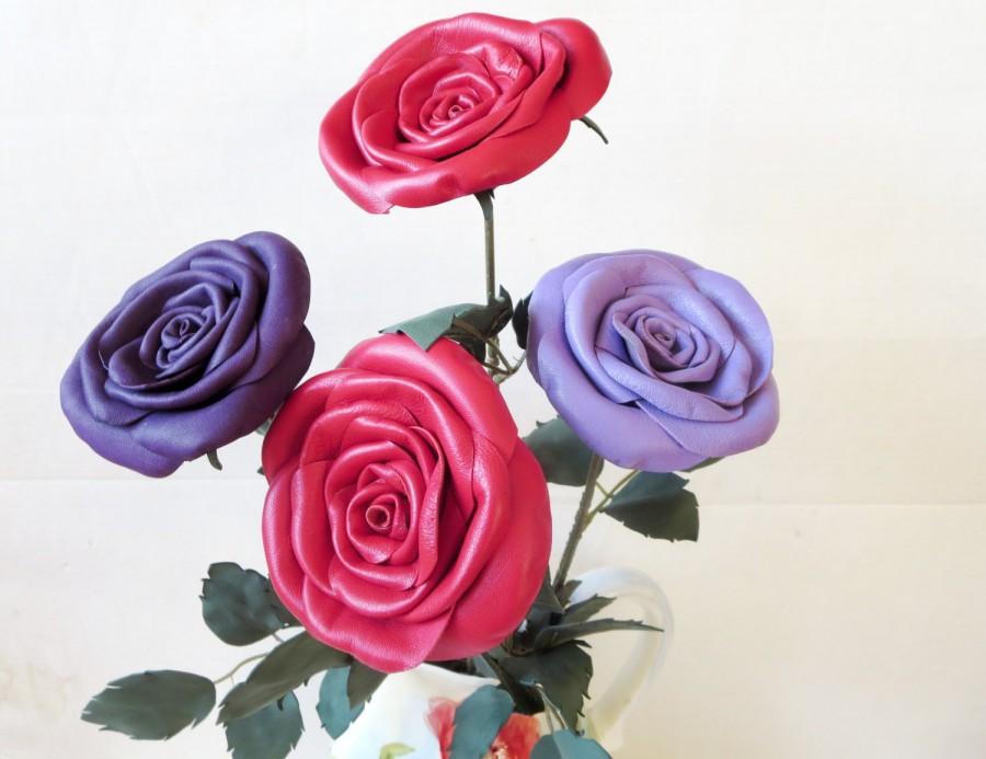 Mariage - Red Leather Rose, Wedding bouquet , 3rd Anniversary Gift, Long Stem rose, Valentines Day