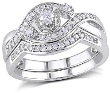 Hochzeit - 1/3 CT. T.W. Diamond Three Stone Slant Bridal Set in Sterling Silver