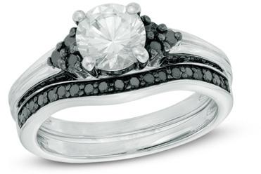 Wedding - 6.5mm Lab-Created White Sapphire and 1/2 CT. T.W. Enhanced Black Diamond Tri-Sides Bridal Set in Sterling Silver