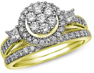 Hochzeit - 1 CT. T.W. Diamond Cluster Frame Bridal Set in 10K Gold
