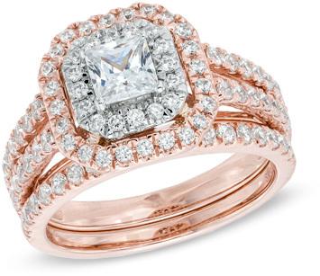 زفاف - 1-1/2 CT. T.W. Princess-Cut Diamond Double Frame Bridal Set in 14K Two-Tone Gold