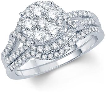 Hochzeit - 1 CT. T.W. Diamond Cluster Split Shank Bridal Set in 10K White Gold