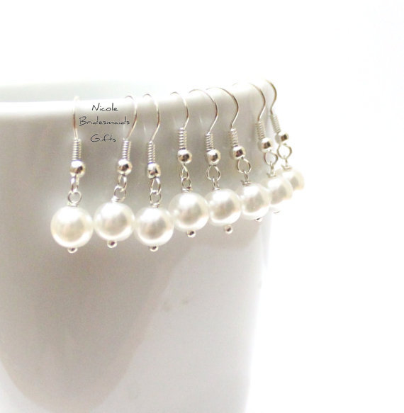 Hochzeit - 4 Pairs Pearl Earrings, Set of 4 Bridesmaid Earrings, Pearl Drop Earrings, Swarovski Pearl Earrings, Pearls in Sterling Silver, 8 mm Pearls