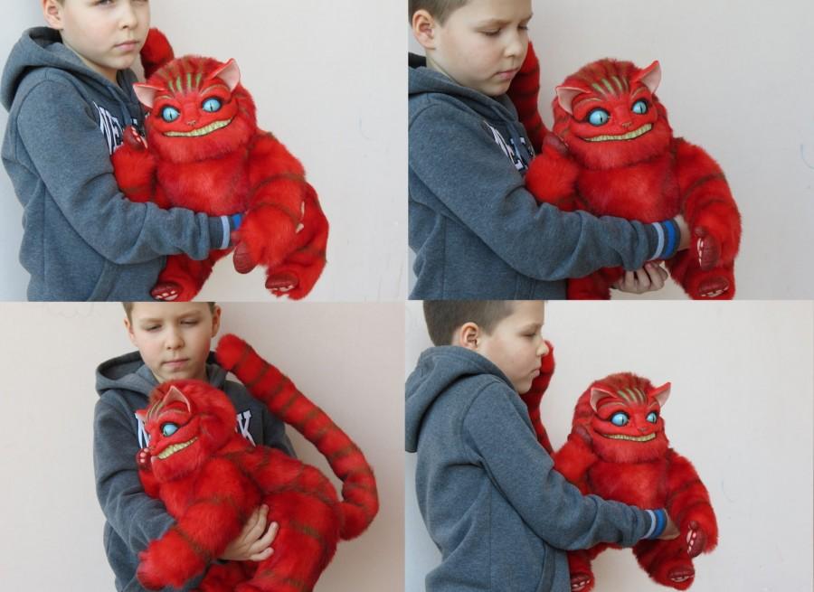 زفاف - New Experimental Red Cheshire Cat with fluorescent teeth - ooak  polymer clay faux fur doll plush fantasy toy Tim Burton pink Lewis Carroll