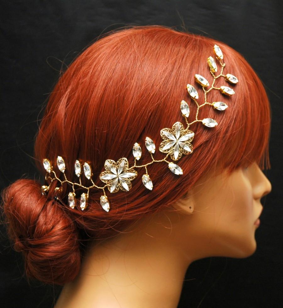 Wedding - Flower Wedding Hair Vine, Hair Jewelry Gold Bridal Headband, FREE SHIPPING Swarovki Crystal Hair Vine Boho Headpiece Wedding Headband Wedding Hair - $70.00 USD