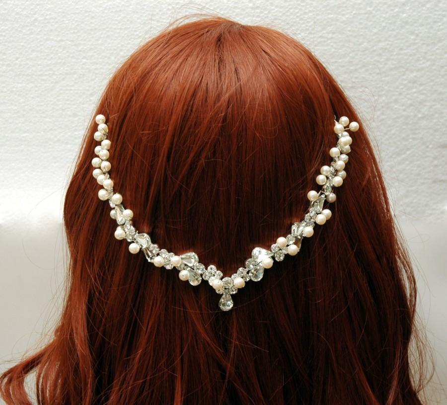 Wedding - Wedding Pearl Headpiece Silver, Hair Jewelry Grecian Halo Wedding Hair Chain, Rhinestone Bridal Headpiece, Hair Vine, 1920s Headpiece, Wedding Hair Comb - $40.00 USD