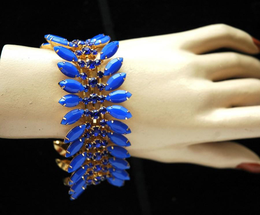 زفاف - FREE SHIPPING Blue Rhinestone Bracelet, Prom Cuff Bracelet, Gold Bracelet, Prom 1920s Crystal Bracelet, Something Blue Bracelet - $34.00 USD