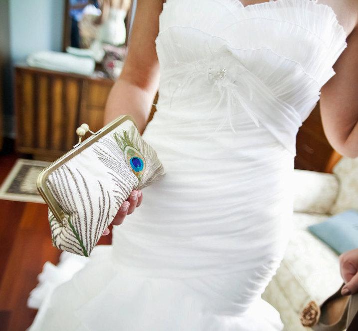 زفاف - Peacock Feather Silk Clutch/Purse/Bag/Bridesmaid/Ivory/Something New Bridal Blue/Long Island Bride To Be Wedding Handmade Gift/Free Monogram