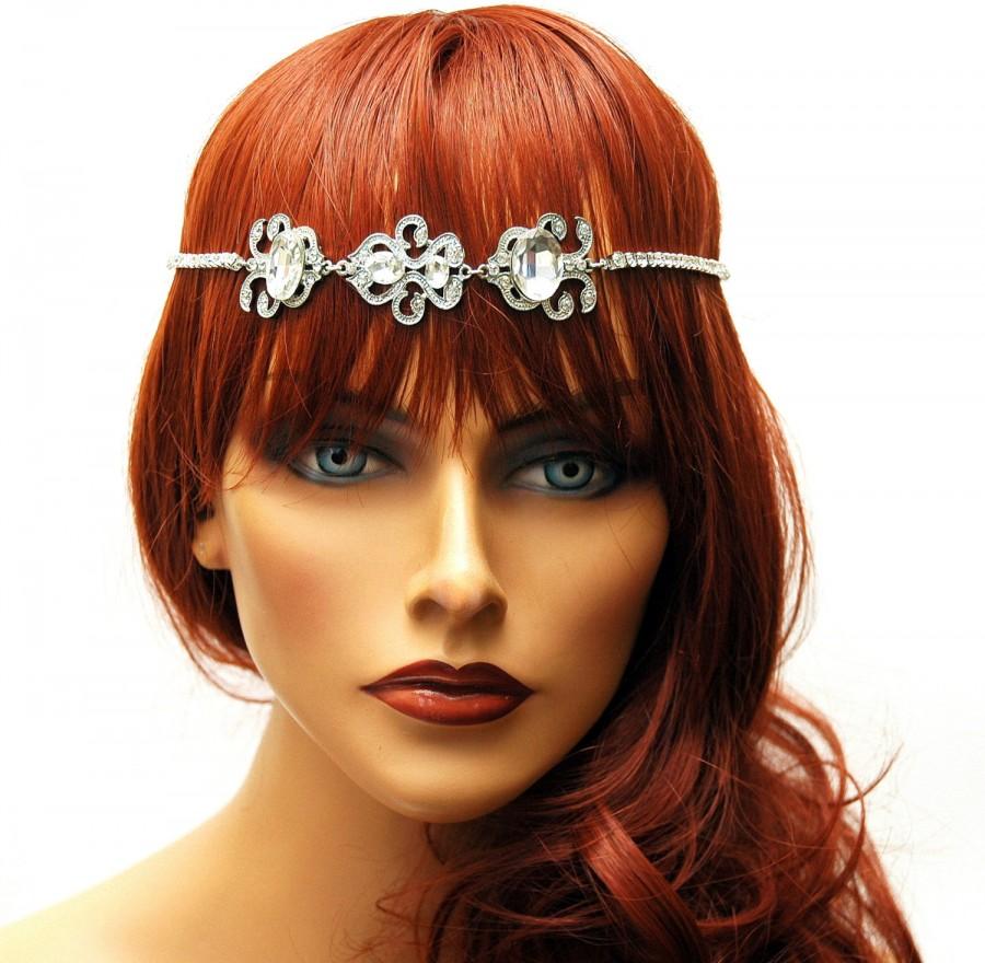 Hochzeit - Art Deco Prom Headband Bridal Headpiece, Head Chain Jewelry, Tikka Headpiece, 1920s Headpiece, Crystal Hair Jewelry, Bridal Hair Swag - $40.00 USD