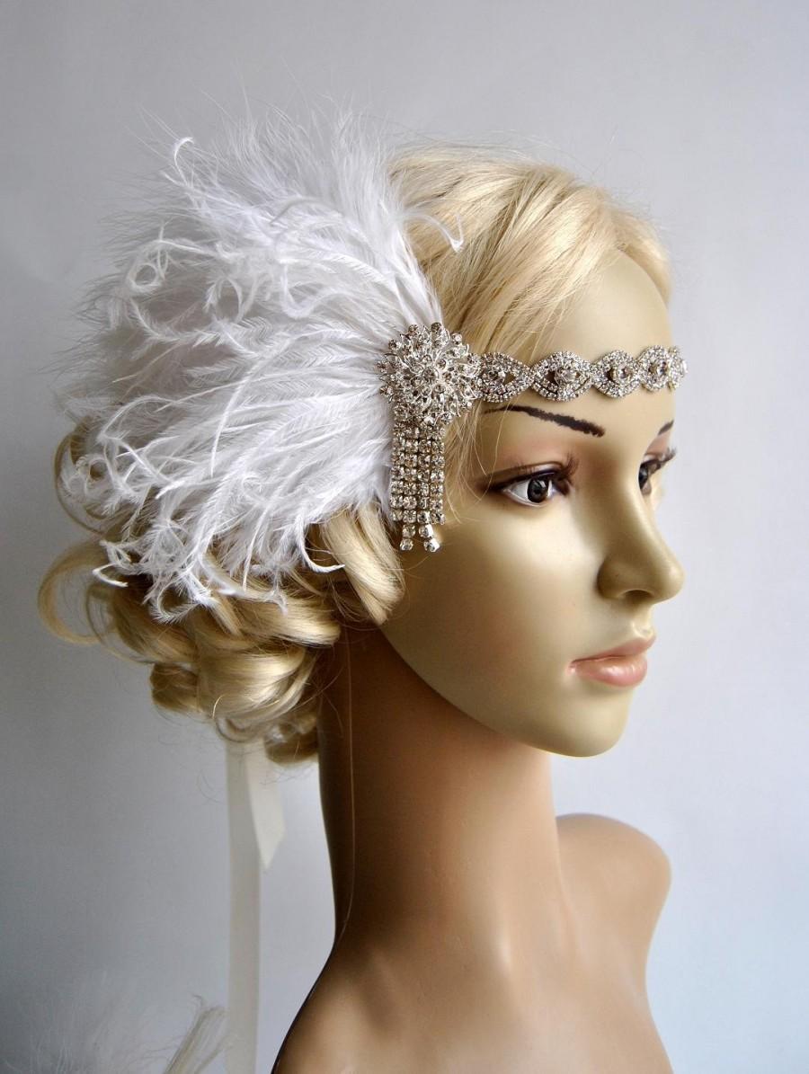 Mariage - Art deco 1920s design, The Great Gatsby flapper, bridal fascinator 1920's, 1930's, Feather rhinestone crystal headband, wedding headpiece