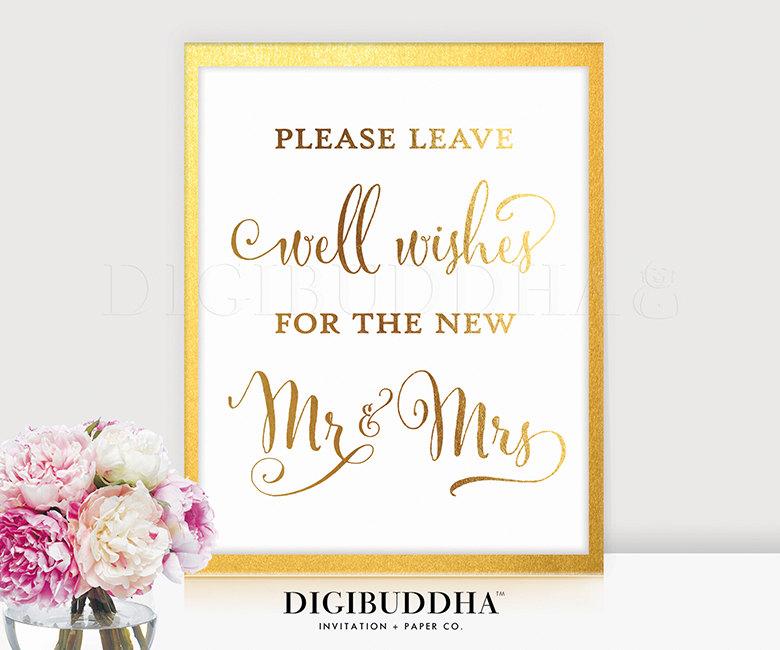 Hochzeit - WELL WISHES SIGN Gold Foil Wedding Sign Well Wishes for the New Mr & Mrs Gold Foil Wedding Signs Wedding Decorations Wishes for Couple D46