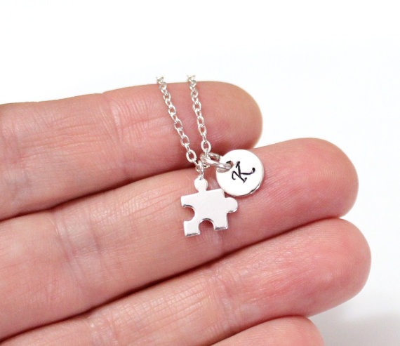 Wedding - Silver Puzzle Piece Necklace, Gold Jigsaw Puzzle Piece Charm, Initial Necklace, Personalized Stamped Initial, Necklace, Graduation Gift