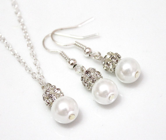 Wedding - Set of 3.4.5.6.7.8Bridesmaid Necklace & Earrings, Sterling Silver Chain, Pearl and Rhinestone Necklace, Pearl Necklace, Necklaces Gift Ideas