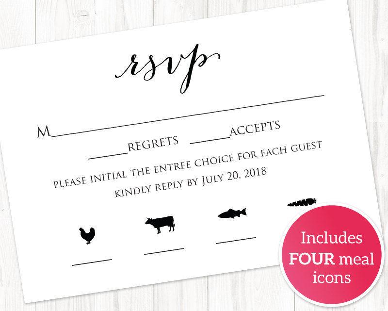 Hochzeit - RSVP Card With Meal Icons Templates, FOUR Meal Combinations, RSVP Insert Template, Printable Rsvp Card With Meal Options Templates,  - $6.50 USD