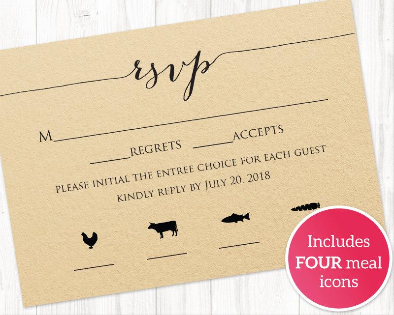 Wedding - RSVP Card With Meal Icons Templates, FOUR Meal Combinations, RSVP Insert Template, Printable Rsvp Card With Meal Options Templates,  - $6.50 USD