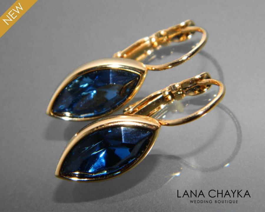 زفاف - Navy Blue Crystal Marquise Earrings Swarovski Montana Blue Gold Leverback Earrings Wedding Bridesmaid Navy Blue Jewelry Dark Blue Earrings - $24.80 USD