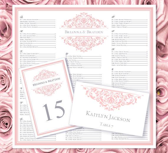 Wedding - Wedding Seating Chart "Grace" Blush Pink Templates Set Printable Table Number & Place Card Word Templates Order 1 or 2 Color DIY You Print