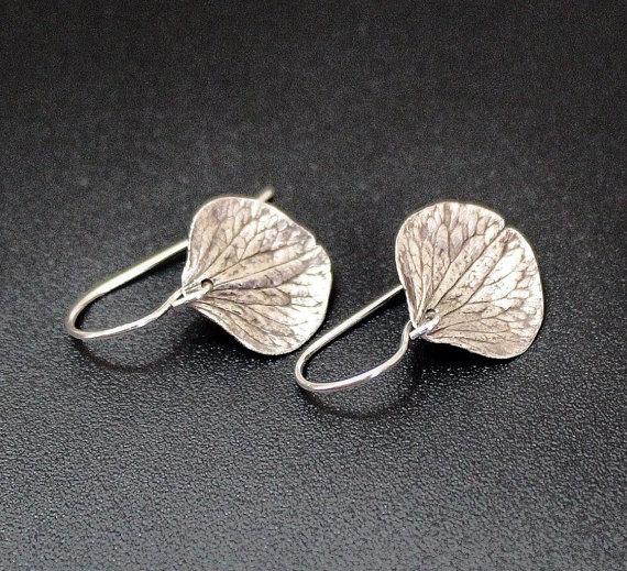 Wedding - Sterling Hydrangea Leaf, Nature, Leaf, Leaves, Dangle Silver Drop Earrings, Earrings, Hydrangea, Silver Earrings Simple Jewelry Gift