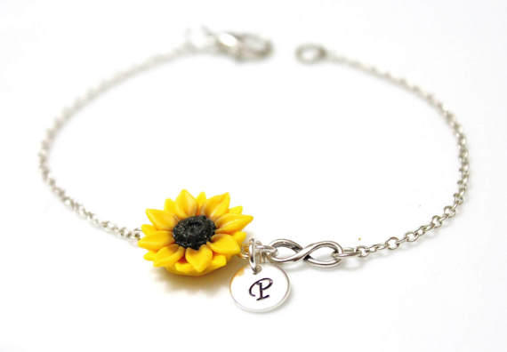 Hochzeit - Sunflower Infinity Personalized Initial Disc Bracelet, Sunflower Bridesmaid Jewelry, Sunflower Jewelry, Bridal Flowers, Bridesmaid Bracelet