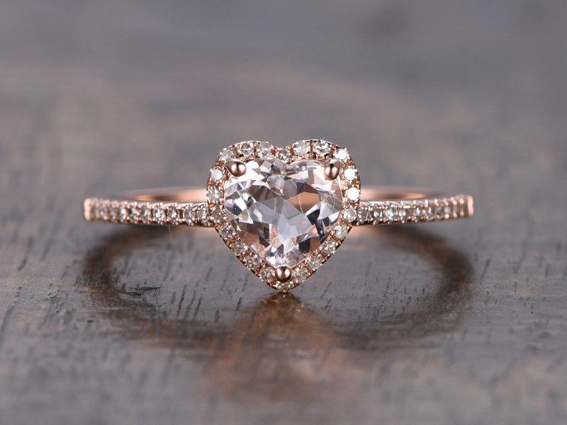 زفاف - Valentine's present 6mm Heart Shape Morganite Ring 14K Rose Gold Morganite Engagement Ring Pave Diamond Wedding RingMorganite Halo Ring