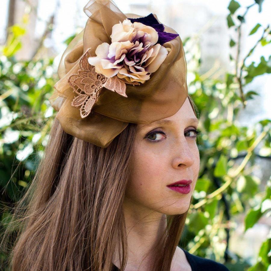 Mariage - Bronze camel organza floral fall fascinator hat headpiece with bronze lace, and violet accents for weddings