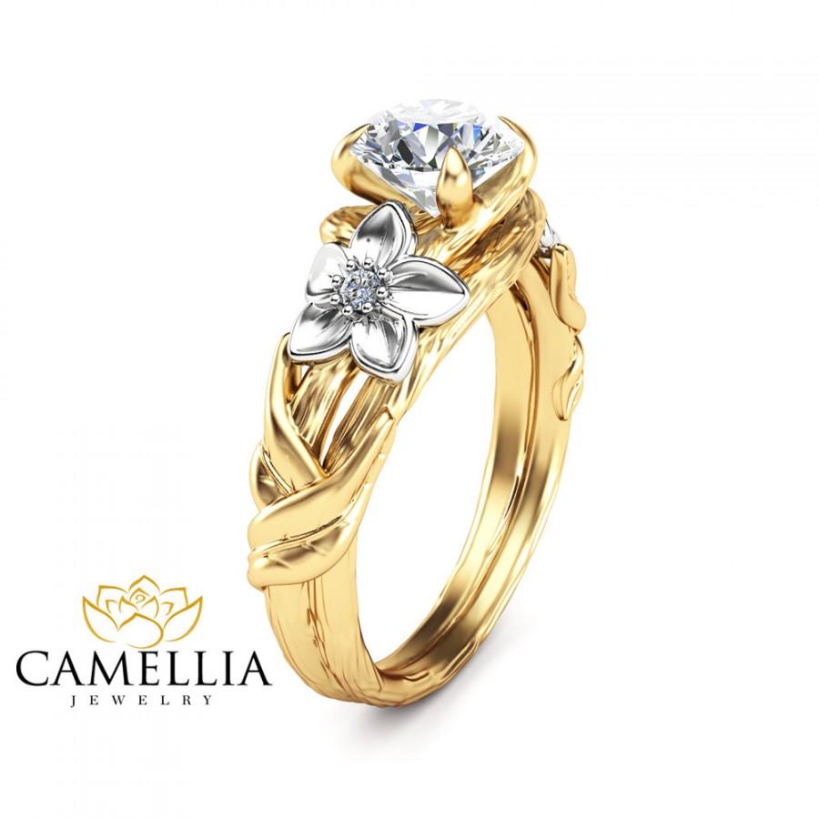 Свадьба - Moissanite Branch Engagement Ring 14K Two Tone Gold Branch Ring Unique Moissanite Engagement Ring