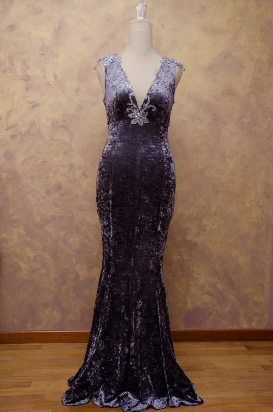 زفاف - Dress woman velvet dress, purple bridesmaid dress elegant Grey Velvet Mermaid dress, dress Couture, size 42-44.