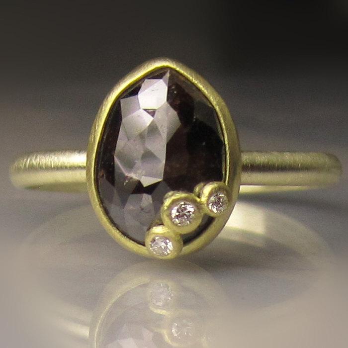 زفاف - Rose Cut Diamond Engagement Ring, 18k and 14k Gold Diamond Ring, Deep Chocolate Rose Cut Diamond Ring, 1.90CTS