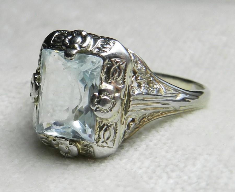 زفاف - Aquamarine Ring Art Deco Aquamarine Engagement Ring Art Deco Ring Orange Blossom Filagree Ring in 18k White Gold 1920's