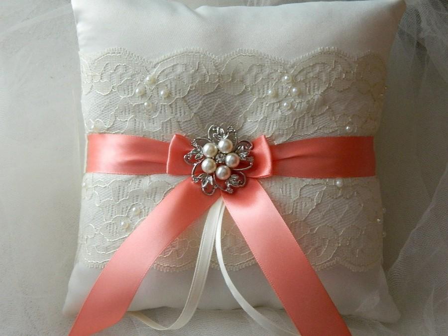 Hochzeit - Wedding Ring Bearer Pillow,Coral And Ivory Satin Ring Pillow, Satin & Lace Ringbearer Pillow, Ivory Coral  Bridal Ring Pillow, Ring bearer