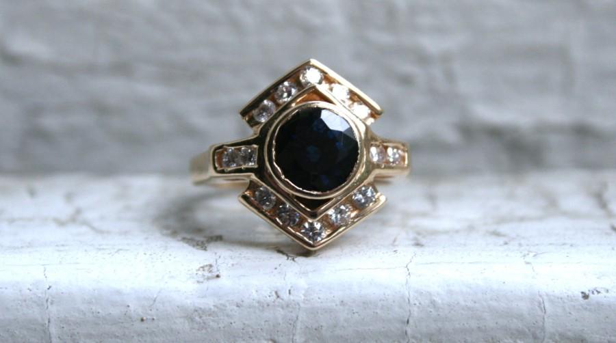 Wedding - Lovely Vintage 14K Yellow Gold Diamond and Sapphire Engagement Ring - 1.67ct.