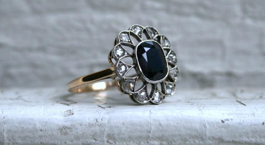 Wedding - Amazing Vintage 18K Yellow Gold Diamond Halo and Sapphire Ring Engagement Ring - 2.36ct.