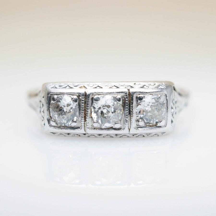 Hochzeit - Late Edwardian Engagement Ring Handmade Vintage Engagement 3 Stone Diamond Band Unique Delicate Wedding Ring Intricate Ring Filigree Band