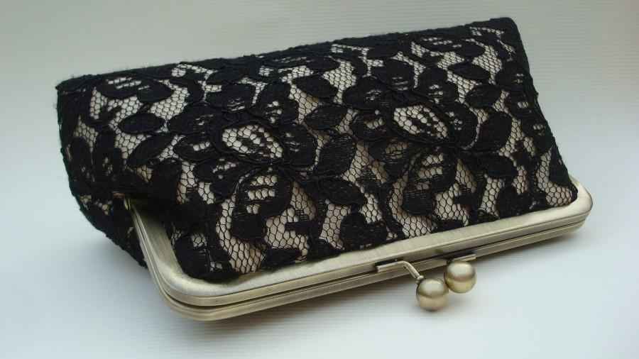 زفاف - Black lace and champagne satin large size purse classic beauty bridesmaid gift sample listing