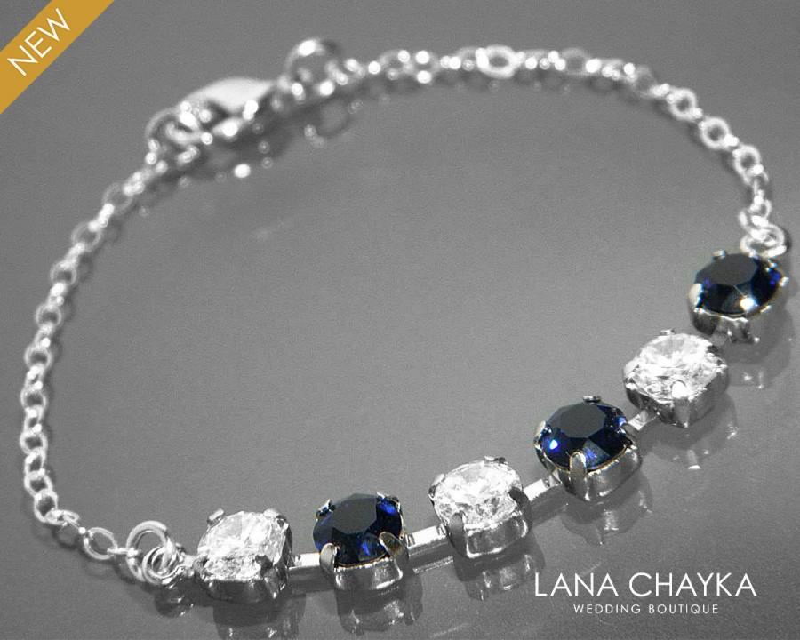 Mariage - Navy Blue Cubic Zirconia Crystal Bracelet Swarovski Dark Indigo Silver Bracelet Dark Blue Wedding Bracelet Prom Jewelry Bridal Bracelet - $24.50 USD