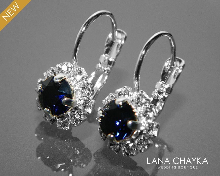 Wedding - Dark Blue Halo Crystal Earrings Swarovski Dark Indigo Silver Earrings Dark Navy Blue Leverback Small Earrings Bridal Bridesmaid Blue Jewelry - $21.90 USD