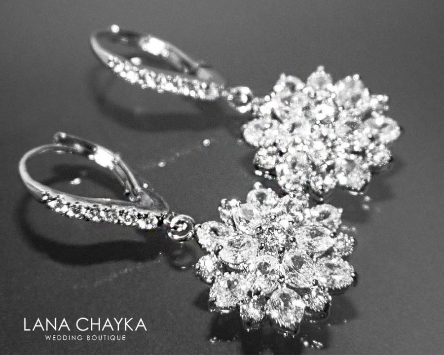 Wedding - Cubic Zirconia Bridal Earrings Clear Crystal Leverback Earrings Luxury CZ Dangle Earrings CZ Bridal Jewelry Cubic Zirconia Prom Earrings - $28.90 USD