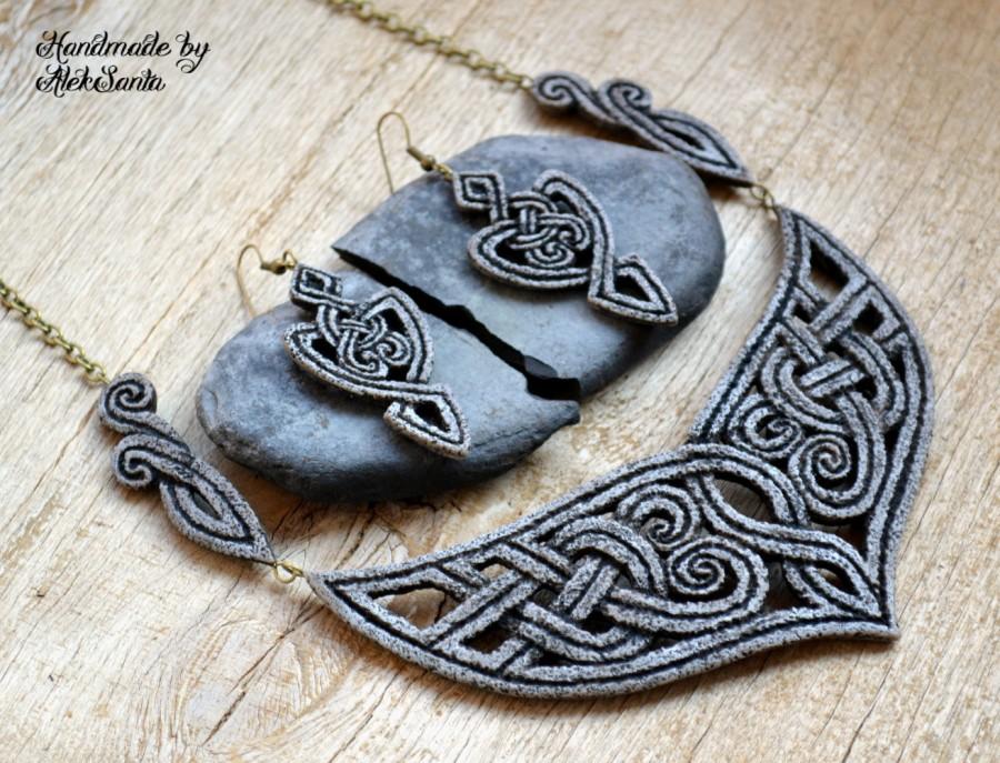 Wedding - Statement jewelry Celtic necklace Long dangle earrings Polymer clay jewelry for women Unique jewelry Unusual jewelry Elven necklace .abh