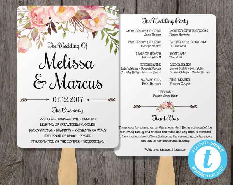 Hochzeit - Watercolor Wedding Program Fan Template with Flowers, Wedding Fan Template, Watercolor Floral Instant Download Ceremony Program Template