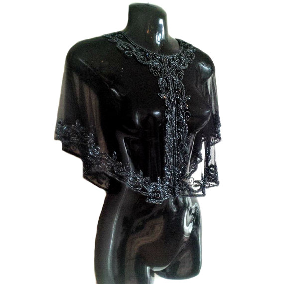 Hochzeit - Dorris 1920s Great Gatsby Vintage Style, Black Short Cover Up, Art Deco Beaded Party Cape Shrug, Embellished Shawl, Bridal Capelet, S-XL