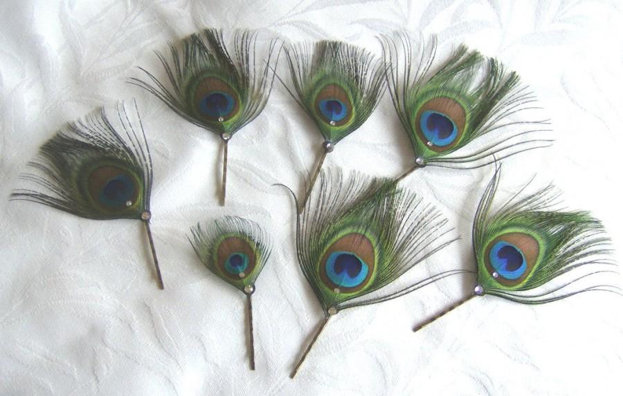 Hochzeit - Wedding hair fascinator peacock feathers hair clip 7 piece bridal hair clip set