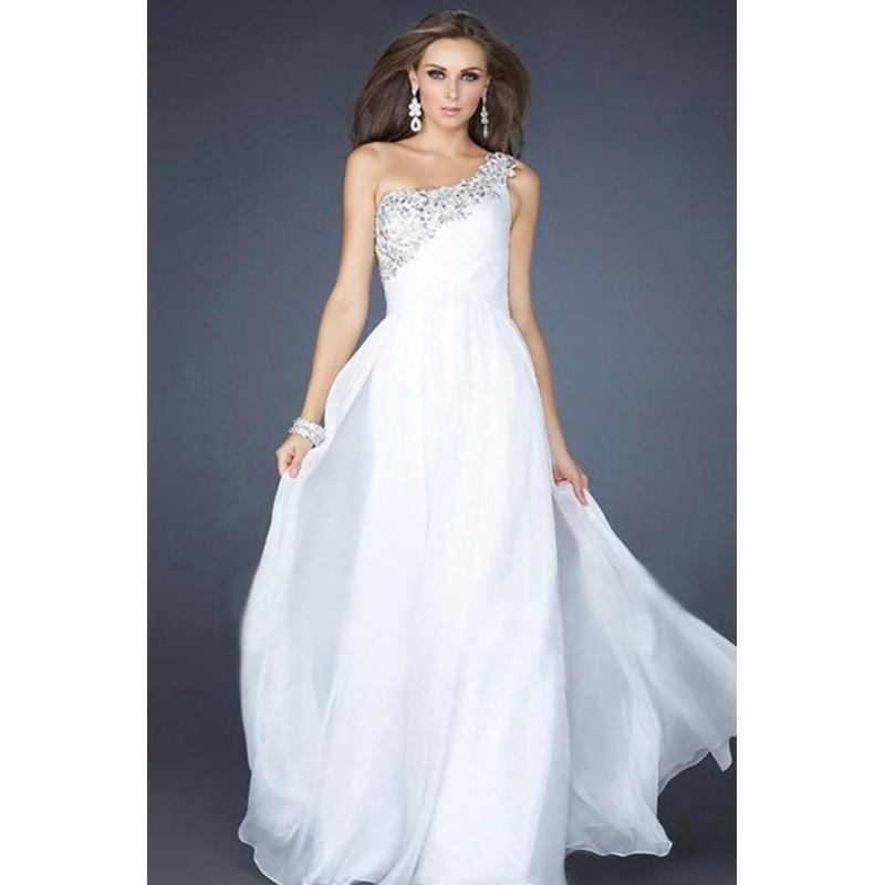 Mariage - 2017 Elegant&Graceful A Line Prom Dresses Full Length White One Shoulder Flowing Chiffon online In Canada Prom Dress Prices - dressosity.com