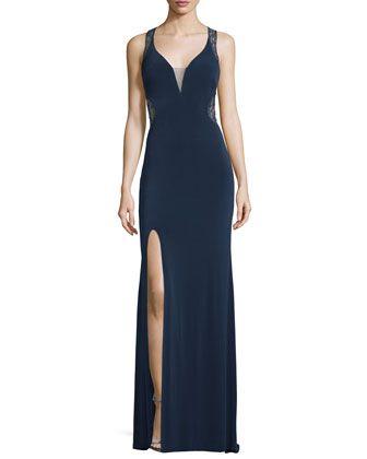 Mariage - Sleeveless V-Neck Lace Illusion Gown, Navy